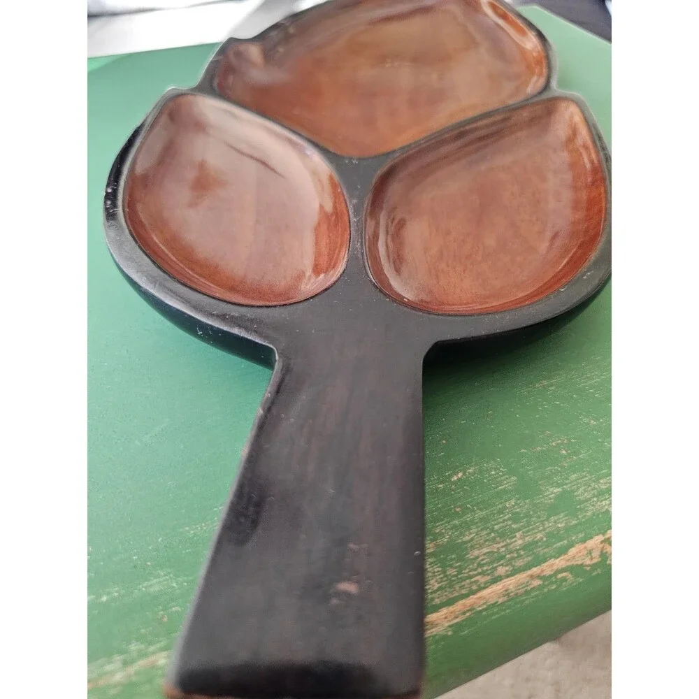 Vintage Wood Leaf Shaped Tray 3 Sections 16 Inches Long Made In Haiti